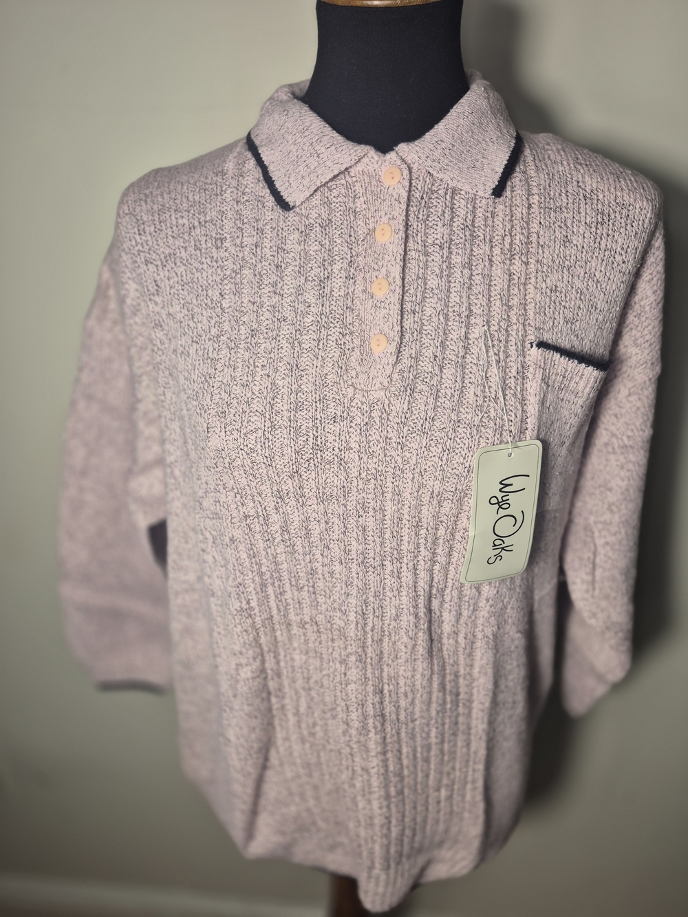 NWT Womans Vinyage Cozy Pink Knit Polo Sweater with Contrast Trim